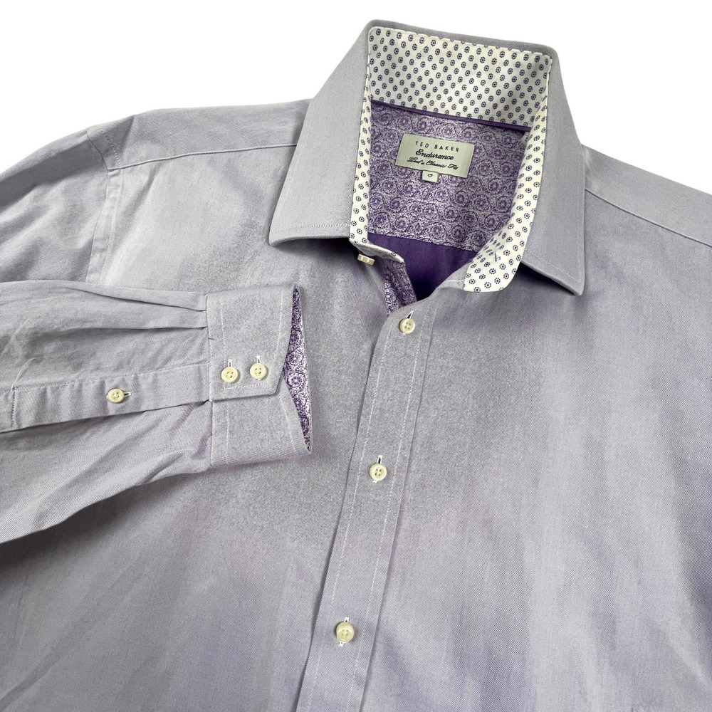 Ted Baker Mens 17 Paisley Contrast Trim Purple Long Sleeve Dress Shirt XL Office